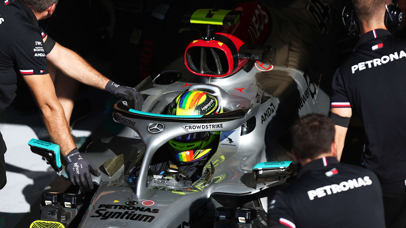 MONZA, ITALY - SEPTEMBER 10: Lewis Hamilton of Great Britain driving the (44) Mercedes AMG Petronas F1 Team W13 is pushed back into the garage during qualifying ahead of the F1 Grand Prix of Italy at Autodromo Nazionale Monza on September 10, 2022 in Monza, Italy. (Photo by Dan Istitene - Formula 1/Formula 1 via Getty Images)