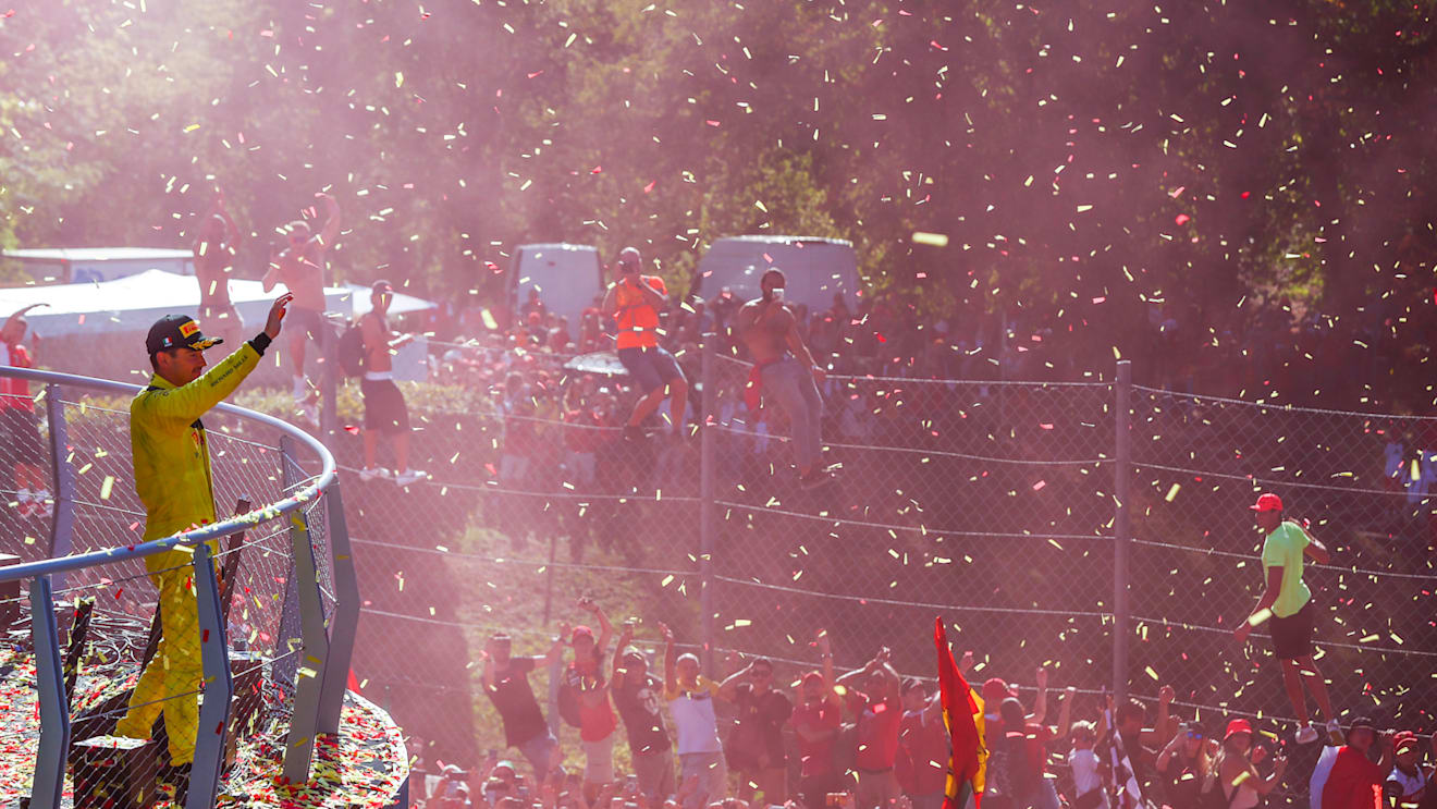 MONZA, ITALY - SEPTEMBER 11: Second placed Charles Leclerc of Monaco and Ferrari celebrates on the podium during the F1 Grand Prix of Italy at Autodromo Nazionale Monza on September 11, 2022 in Monza, Italy. (Photo by Mark Thompson/Getty Images)