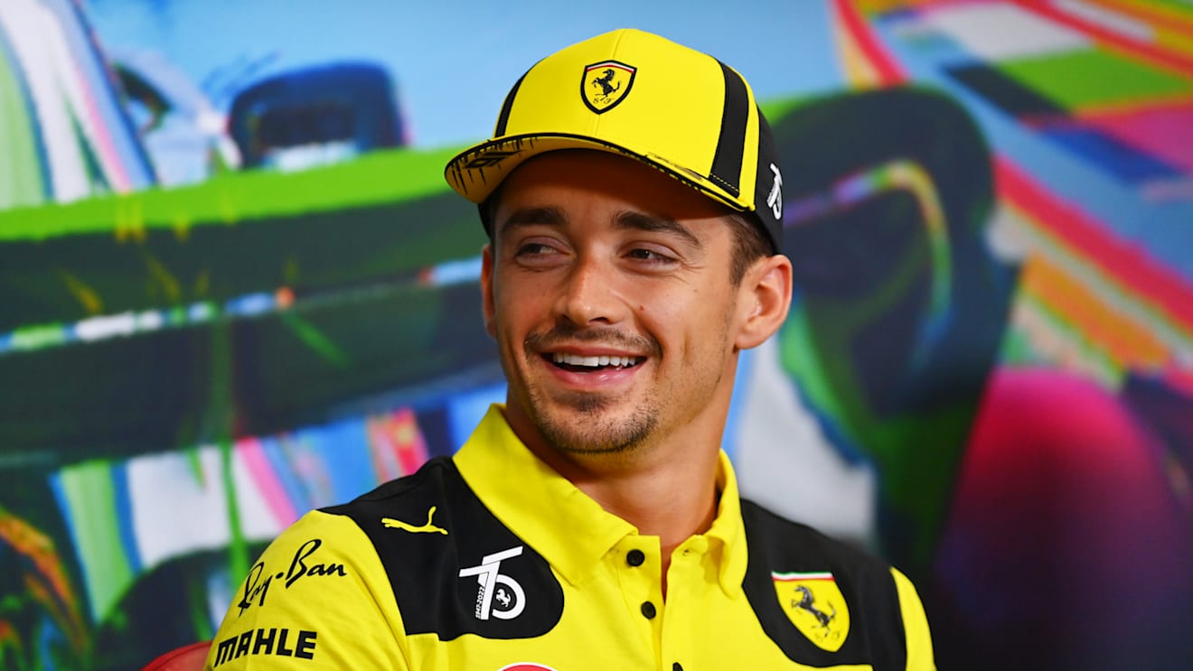 MONZA, ITALY - SEPTEMBER 08: Charles Leclerc of Monaco and Ferrari talks in the drivers press conferenc during previews ahead of the F1 Grand Prix of Italy at Autodromo Nazionale Monza on September 08, 2022 in Monza, Italy. (Photo by Dan Mullan/Getty Images)