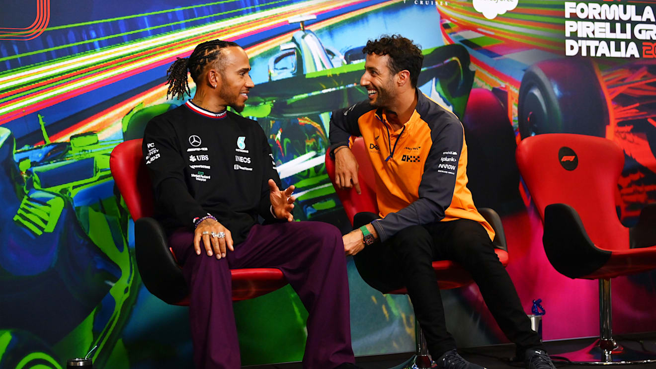 MONZA, ITALY - SEPTEMBER 08: Lewis Hamilton of Great Britain and Mercedes and Daniel Ricciardo of Australia and McLaren attend the drivers press conference  during previews ahead of the F1 Grand Prix of Italy at Autodromo Nazionale Monza on September 08, 2022 in Monza, Italy. (Photo by Dan Mullan/Getty Images)