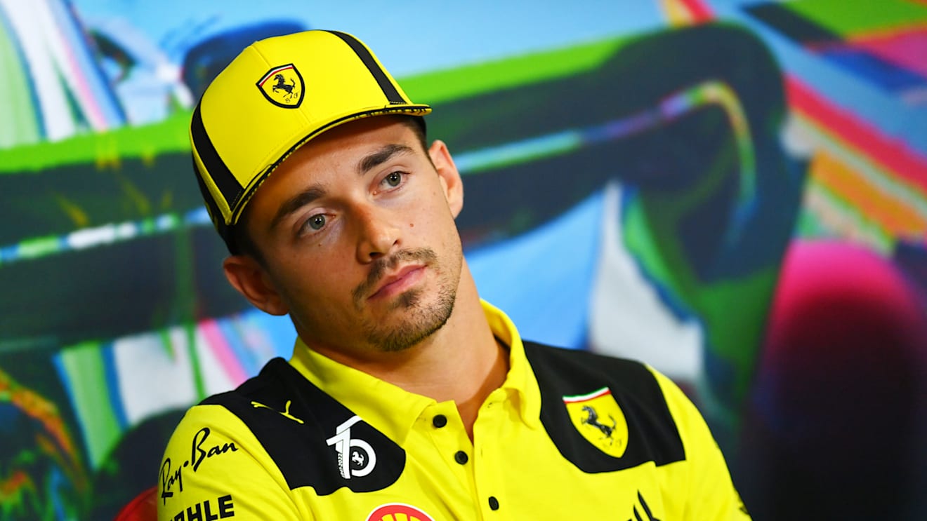 MONZA, ITALY - SEPTEMBER 08: Charles Leclerc of Monaco and Ferrari talks in the drivers press conferenc during previews ahead of the F1 Grand Prix of Italy at Autodromo Nazionale Monza on September 08, 2022 in Monza, Italy. (Photo by Dan Mullan/Getty Images)