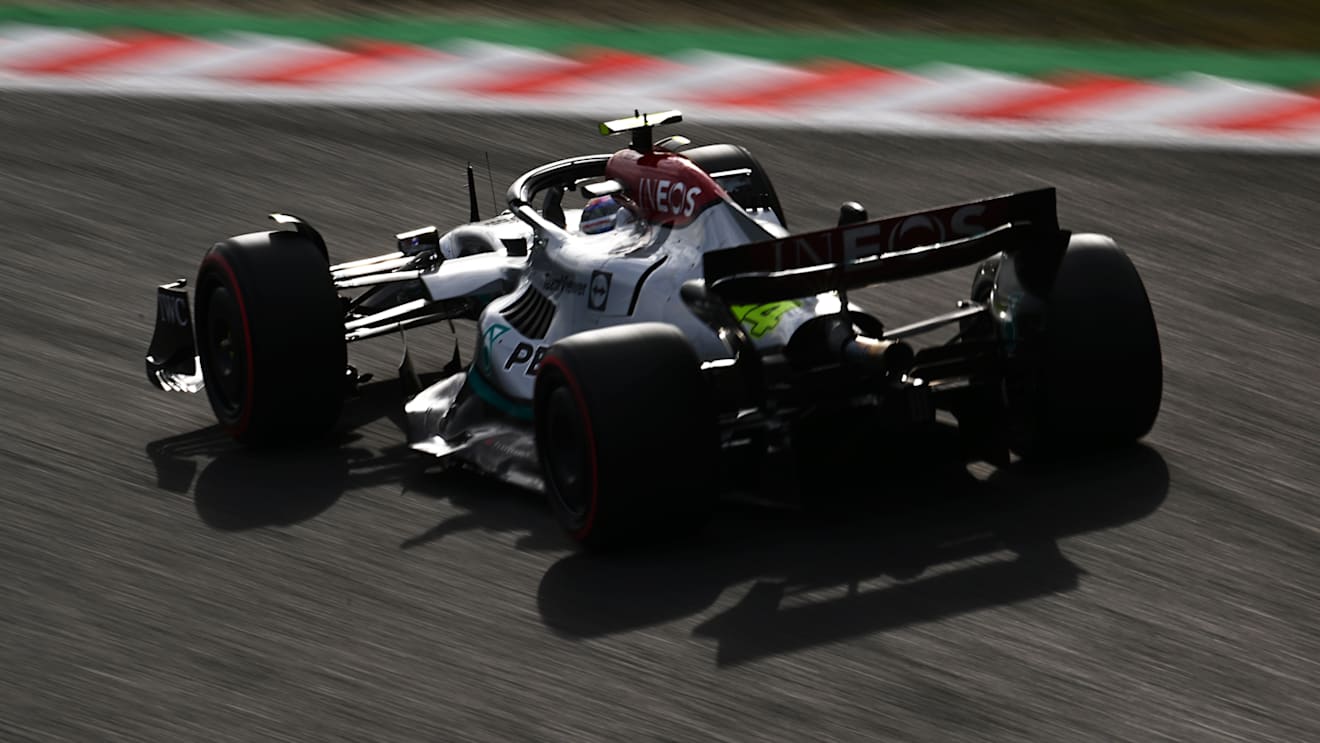 SUZUKA, JAPAN - OCTOBER 08: Lewis Hamilton of Great Britain driving the (44) Mercedes AMG Petronas F1 Team W13 on track during qualifying ahead of the F1 Grand Prix of Japan at Suzuka International Racing Course on October 08, 2022 in Suzuka, Japan. (Photo by Clive Mason/Getty Images)