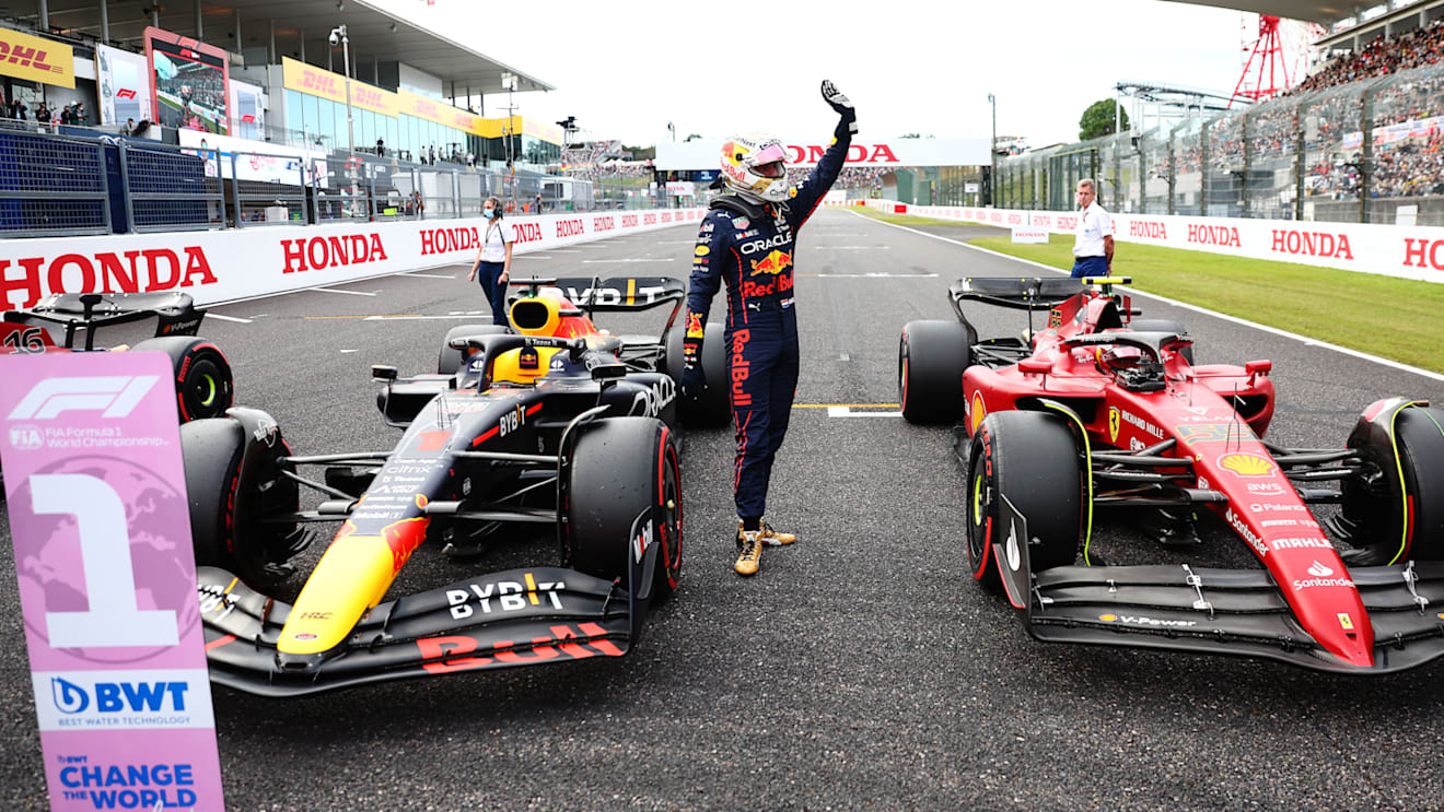 SUZUKA, JAPAN - OCTOBER 08: Pole position qualifier Max Verstappen of the Netherlands and Oracle Red Bull Racing celebrates in parc ferme during qualifying ahead of the F1 Grand Prix of Japan at Suzuka International Racing Course on October 08, 2022 in Suzuka, Japan. (Photo by Dan Istitene - Formula 1/Formula 1 via Getty Images)