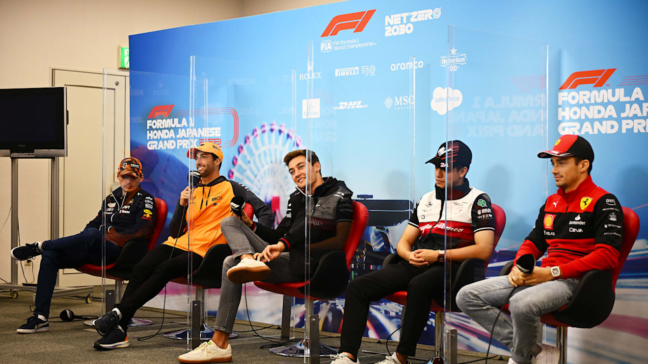 SUZUKA, JAPAN - OCTOBER 06: Max Verstappen of the Netherlands and Oracle Red Bull Racing, Daniel Ricciardo of Australia and McLaren, George Russell of Great Britain and Mercedes, Zhou Guanyu of China and Alfa Romeo F1 and Charles Leclerc of Monaco and Ferrari attend the Drivers Press Conference during previews ahead of the F1 Grand Prix of Japan at Suzuka International Racing Course on October 06, 2022 in Suzuka, Japan. (Photo by Clive Mason/Getty Images)