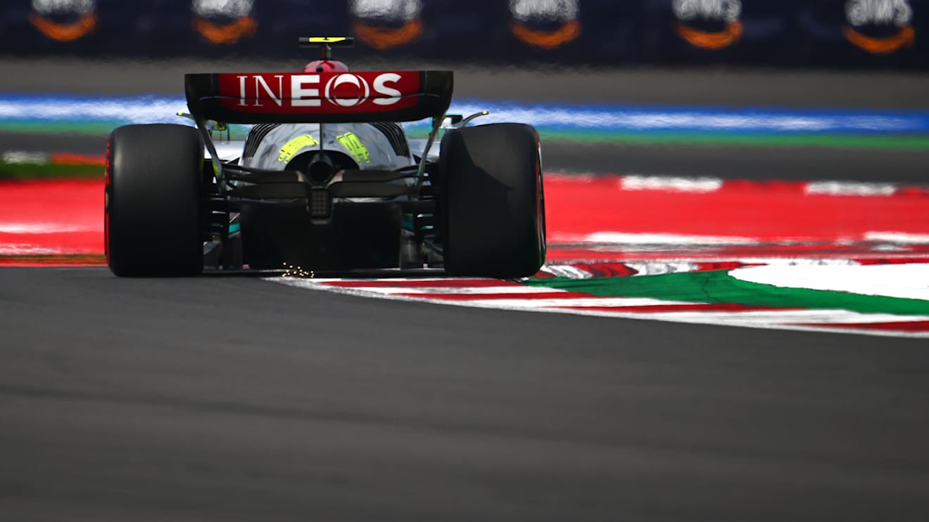 MEXICO CITY, MEXICO - OCTOBER 28: Lewis Hamilton of Great Britain driving the (44) Mercedes AMG Petronas F1 Team W13 otn during practice ahead of the F1 Grand Prix of Mexico at Autodromo Hermanos Rodriguez on October 28, 2022 in Mexico City, Mexico. (Photo by Clive Mason - Formula 1/Formula 1 via Getty Images)