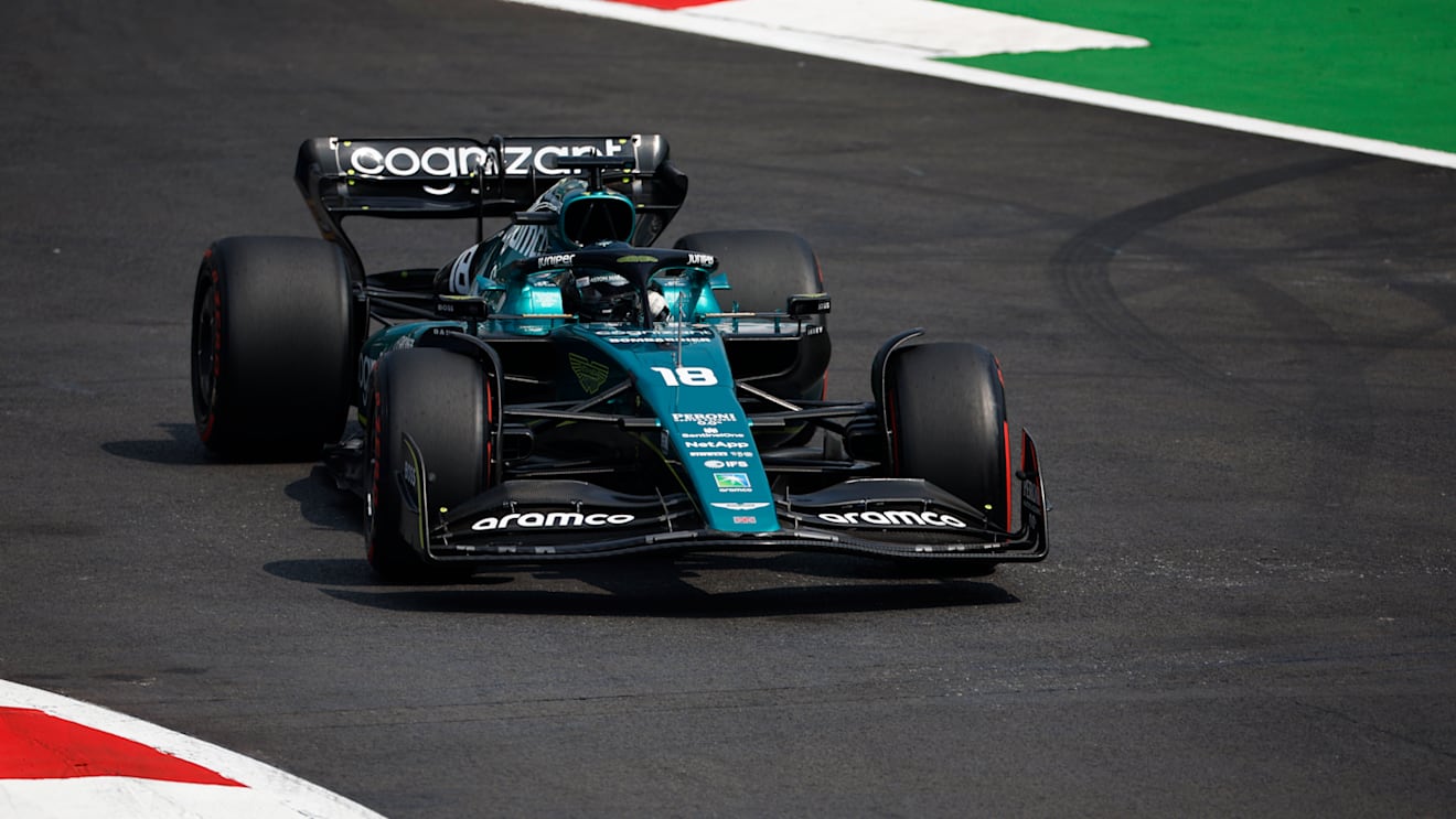 MEXICO CITY, MEXICO - OCTOBER 28: Lance Stroll of Canada driving the (18) Aston Martin AMR22 Mercedes on track during practice ahead of the F1 Grand Prix of Mexico at Autodromo Hermanos Rodriguez on October 28, 2022 in Mexico City, Mexico. (Photo by Chris Graythen/Getty Images)