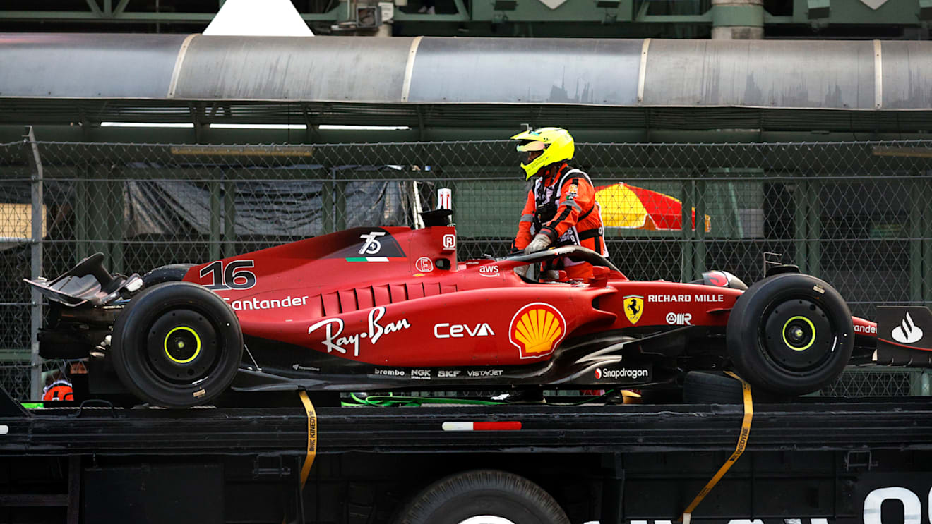 MEXICO CITY, MEXICO - OCTOBER 28: The car of Charles Leclerc of Monaco and Ferrari is brought back to the pitlane after a crash during practice ahead of the F1 Grand Prix of Mexico at Autodromo Hermanos Rodriguez on October 28, 2022 in Mexico City, Mexico. (Photo by Chris Graythen/Getty Images)