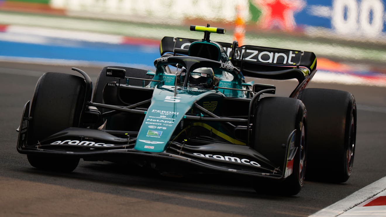 MEXICO CITY, MEXICO - OCTOBER 28: Sebastian Vettel of Germany driving the (5) Aston Martin AMR22 Mercedes on track during practice ahead of the F1 Grand Prix of Mexico at Autodromo Hermanos Rodriguez on October 28, 2022 in Mexico City, Mexico. (Photo by Chris Graythen/Getty Images)