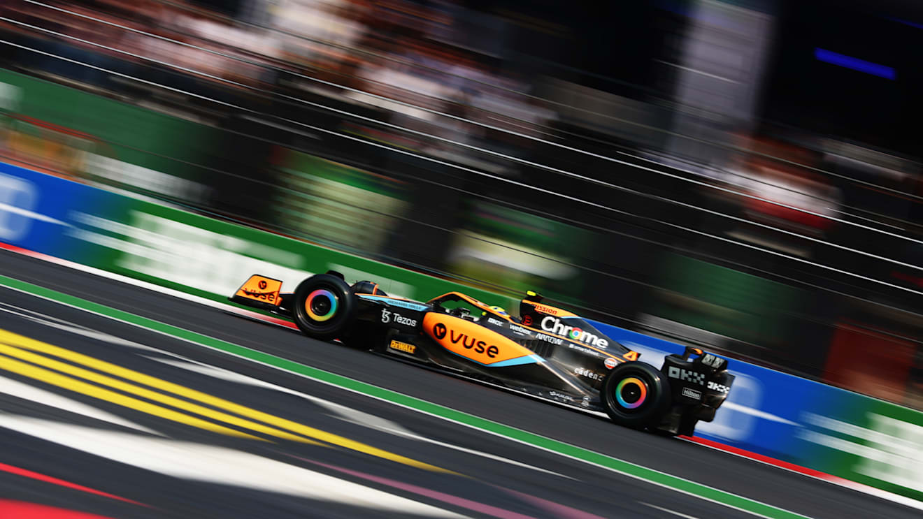 MEXICO CITY, MEXICO - OCTOBER 28: Lando Norris of Great Britain driving the (4) McLaren MCL36 Mercedes on track during practice ahead of the F1 Grand Prix of Mexico at Autodromo Hermanos Rodriguez on October 28, 2022 in Mexico City, Mexico. (Photo by Dan Istitene - Formula 1/Formula 1 via Getty Images)