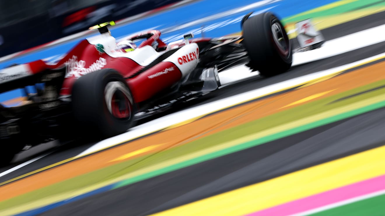 MEXICO CITY, MEXICO - OCTOBER 28: Zhou Guanyu of China driving the (24) Alfa Romeo F1 C42 Ferrari on track during practice ahead of the F1 Grand Prix of Mexico at Autodromo Hermanos Rodriguez on October 28, 2022 in Mexico City, Mexico. (Photo by Dan Istitene - Formula 1/Formula 1 via Getty Images)