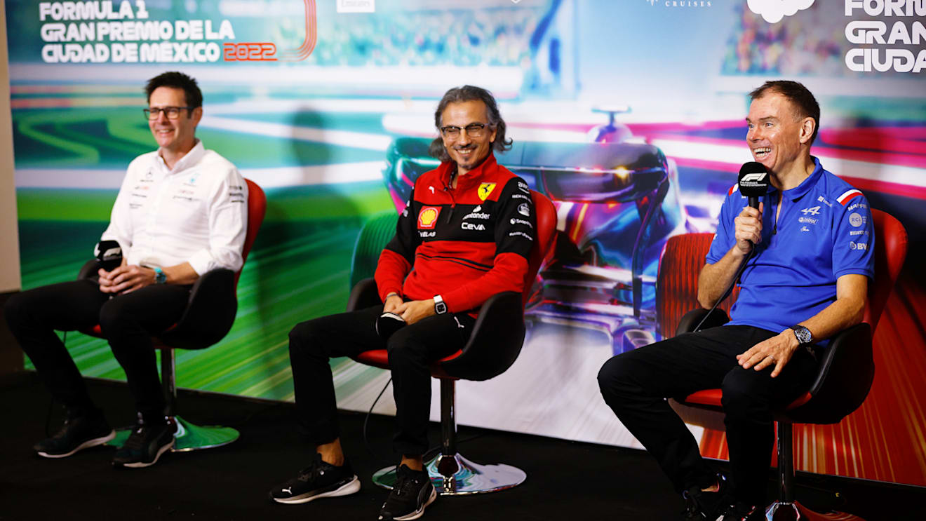 MEXICO CITY, MEXICO - OCTOBER 29: (L-R) Andrew Shovlin, Trackside Engineering Director of Mercedes GP, Laurent Mekies, Scuderia Ferrari Sporting Director and Alan Permane, Sporting Director at Alpine F1 attend the Team Principals Press Conference prior to final practice ahead of the F1 Grand Prix of Mexico at Autodromo Hermanos Rodriguez on October 29, 2022 in Mexico City, Mexico. (Photo by Chris Graythen/Getty Images)