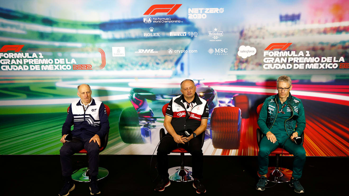 MEXICO CITY, MEXICO - OCTOBER 29: (L-R) Scuderia AlphaTauri Team Principal Franz Tost, Alfa Romeo Racing Team Principal Frederic Vasseur and Mike Krack, Team Principal of the Aston Martin F1 Team attend the Team Principals Press Conference prior to final practice ahead of the F1 Grand Prix of Mexico at Autodromo Hermanos Rodriguez on October 29, 2022 in Mexico City, Mexico. (Photo by Chris Graythen/Getty Images)