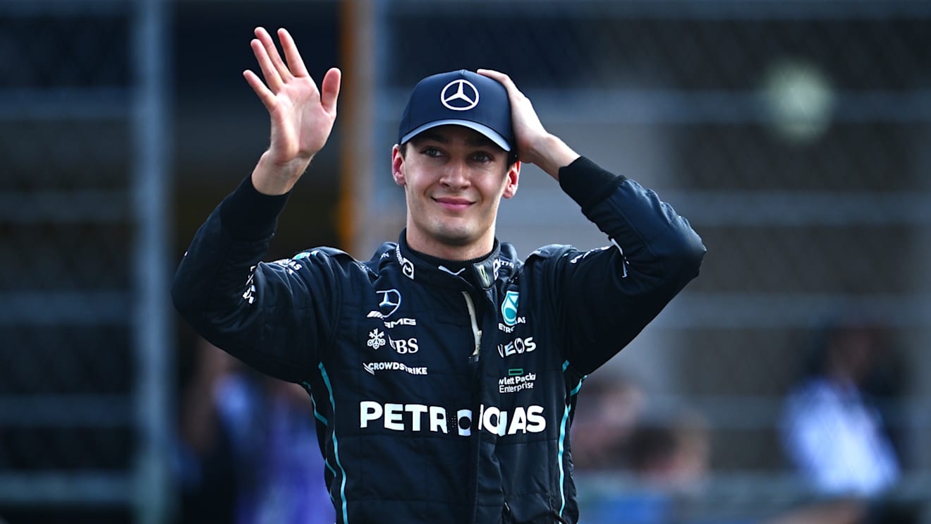 MEXICO CITY, MEXICO - OCTOBER 29: Second placed qualifier George Russell of Great Britain and Mercedes celebrates in parc ferme during qualifying ahead of the F1 Grand Prix of Mexico at Autodromo Hermanos Rodriguez on October 29, 2022 in Mexico City, Mexico. (Photo by Clive Mason - Formula 1/Formula 1 via Getty Images)