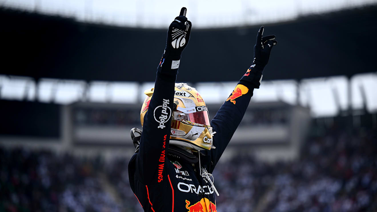 MEXICO CITY, MEXICO - OCTOBER 30: Race winner Max Verstappen of the Netherlands and Oracle Red Bull Racing celebrates in parc ferme during the F1 Grand Prix of Mexico at Autodromo Hermanos Rodriguez on October 30, 2022 in Mexico City, Mexico. (Photo by Clive Mason - Formula 1/Formula 1 via Getty Images)