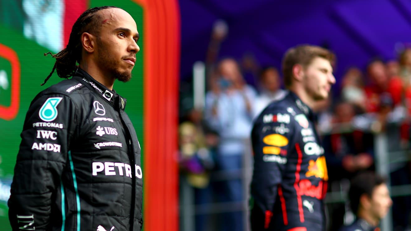 MEXICO CITY, MEXICO - OCTOBER 30: Second placed Lewis Hamilton of Great Britain and Mercedes celebrates on the podium during the F1 Grand Prix of Mexico at Autodromo Hermanos Rodriguez on October 30, 2022 in Mexico City, Mexico. (Photo by Dan Istitene - Formula 1/Formula 1 via Getty Images)