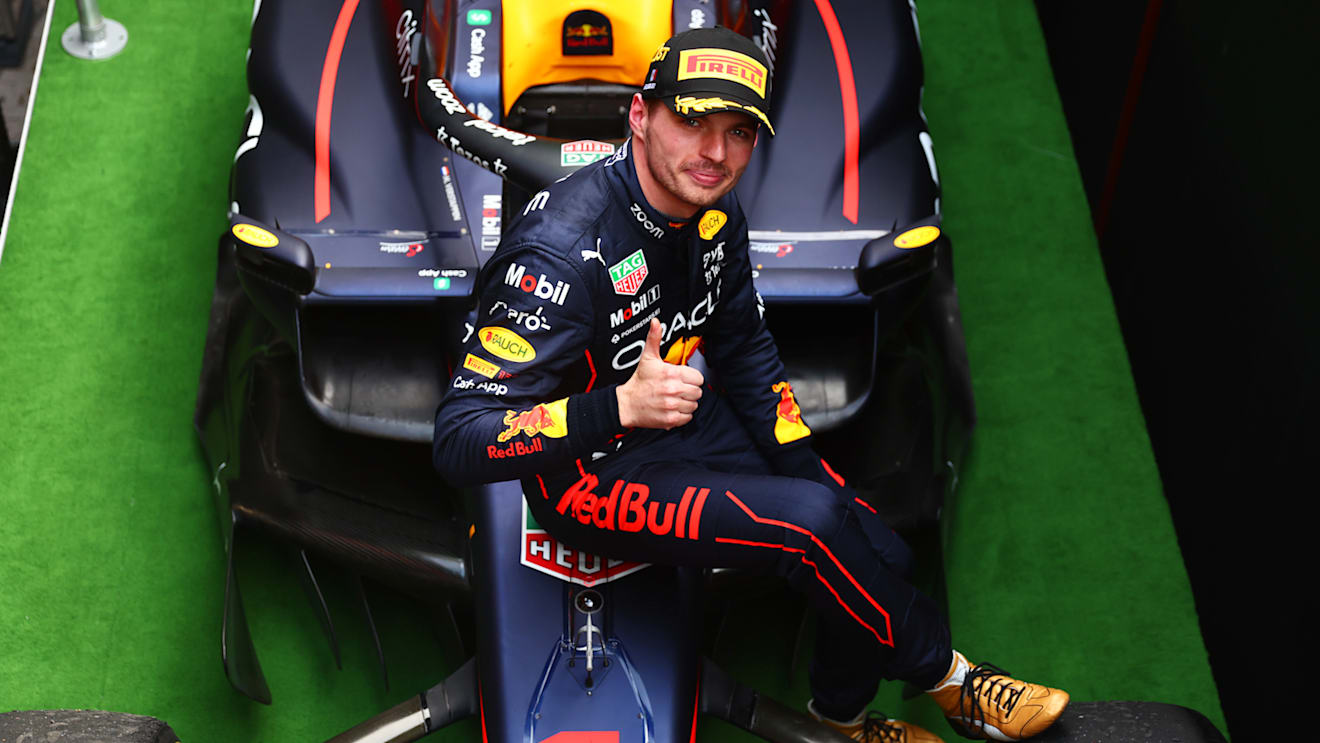 MEXICO CITY, MEXICO - OCTOBER 30: Race winner Max Verstappen of the Netherlands and Oracle Red Bull Racing celebrates on the podium after the F1 Grand Prix of Mexico at Autodromo Hermanos Rodriguez on October 30, 2022 in Mexico City, Mexico. (Photo by Dan Istitene - Formula 1/Formula 1 via Getty Images)