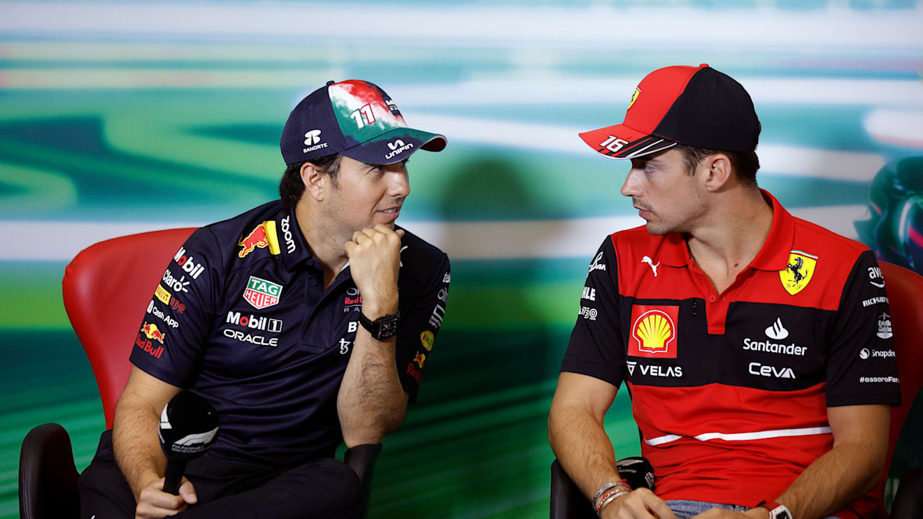 MEXICO CITY, MEXICO - OCTOBER 27: Sergio Perez of Mexico and Oracle Red Bull Racing and Charles Leclerc of Monaco and Ferrari attend the Drivers Press Conference during previews ahead of the F1 Grand Prix of Mexico at Autodromo Hermanos Rodriguez on October 27, 2022 in Mexico City, Mexico. (Photo by Jared C. Tilton/Getty Images)