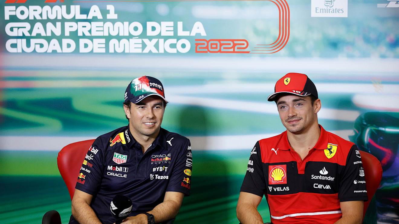 MEXICO CITY, MEXICO - OCTOBER 27: Sergio Perez of Mexico and Oracle Red Bull Racing and Charles Leclerc of Monaco and Ferrari attend the Drivers Press Conference during previews ahead of the F1 Grand Prix of Mexico at Autodromo Hermanos Rodriguez on October 27, 2022 in Mexico City, Mexico. (Photo by Jared C. Tilton/Getty Images)
