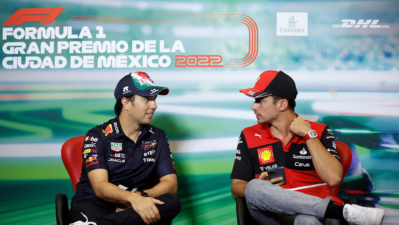 MEXICO CITY, MEXICO - OCTOBER 27: Sergio Perez of Mexico and Oracle Red Bull Racing and Charles Leclerc of Monaco and Ferrari attend the Drivers Press Conference during previews ahead of the F1 Grand Prix of Mexico at Autodromo Hermanos Rodriguez on October 27, 2022 in Mexico City, Mexico. (Photo by Jared C. Tilton/Getty Images)