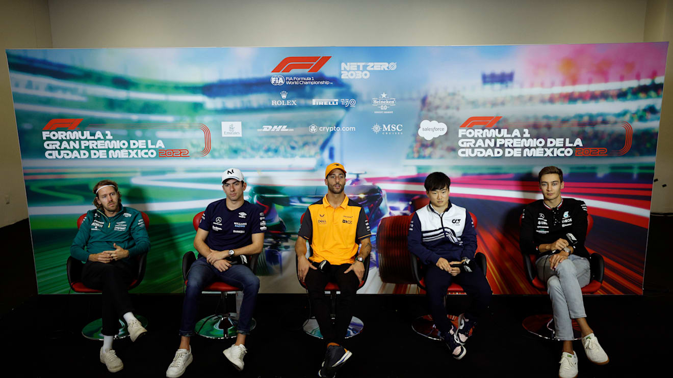 MEXICO CITY, MEXICO - OCTOBER 27: (L-R) Sebastian Vettel of Germany and Aston Martin F1 Team, Nicholas Latifi of Canada and Williams, Daniel Ricciardo of Australia and McLaren, Yuki Tsunoda of Japan and Scuderia AlphaTauri and George Russell of Great Britain and Mercedes attend the Drivers Press Conference during previews ahead of the F1 Grand Prix of Mexico at Autodromo Hermanos Rodriguez on October 27, 2022 in Mexico City, Mexico. (Photo by Jared C. Tilton/Getty Images)