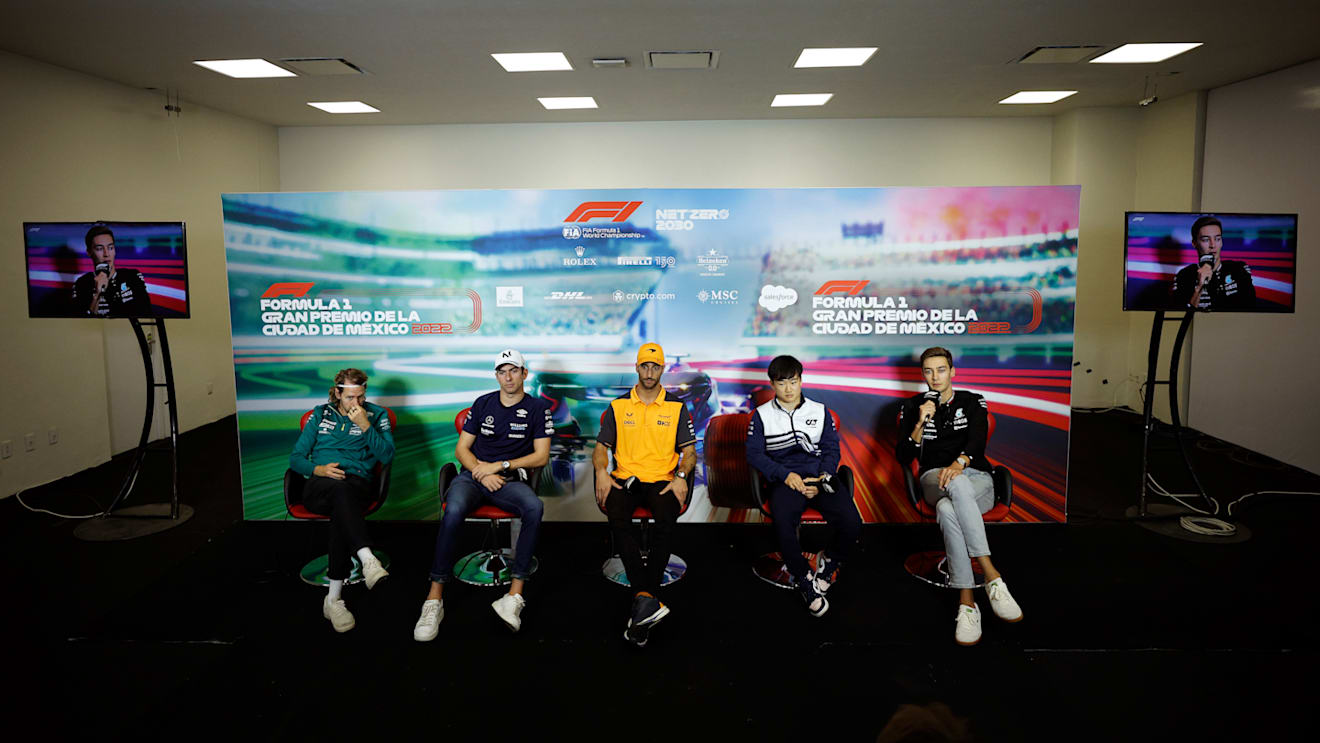 MEXICO CITY, MEXICO - OCTOBER 27: (L-R) Sebastian Vettel of Germany and Aston Martin F1 Team, Nicholas Latifi of Canada and Williams, Daniel Ricciardo of Australia and McLaren, Yuki Tsunoda of Japan and Scuderia AlphaTauri and George Russell of Great Britain and Mercedes attend the Drivers Press Conference during previews ahead of the F1 Grand Prix of Mexico at Autodromo Hermanos Rodriguez on October 27, 2022 in Mexico City, Mexico. (Photo by Jared C. Tilton/Getty Images)