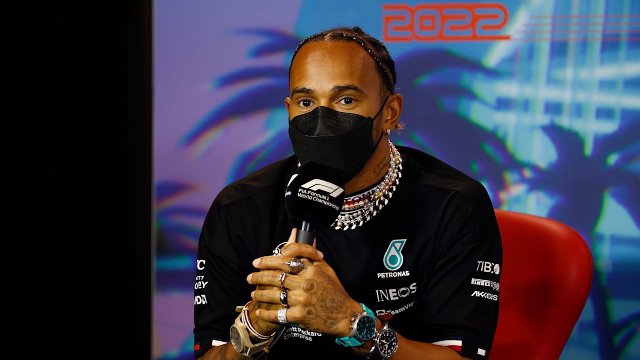 MIAMI, FLORIDA - MAY 06: Lewis Hamilton of Great Britain and Mercedes talks in the Drivers Press Conference prior to practice ahead of the F1 Grand Prix of Miami at the Miami International Autodrome on May 06, 2022 in Miami, Florida. (Photo by Jared C. Tilton/Getty Images)