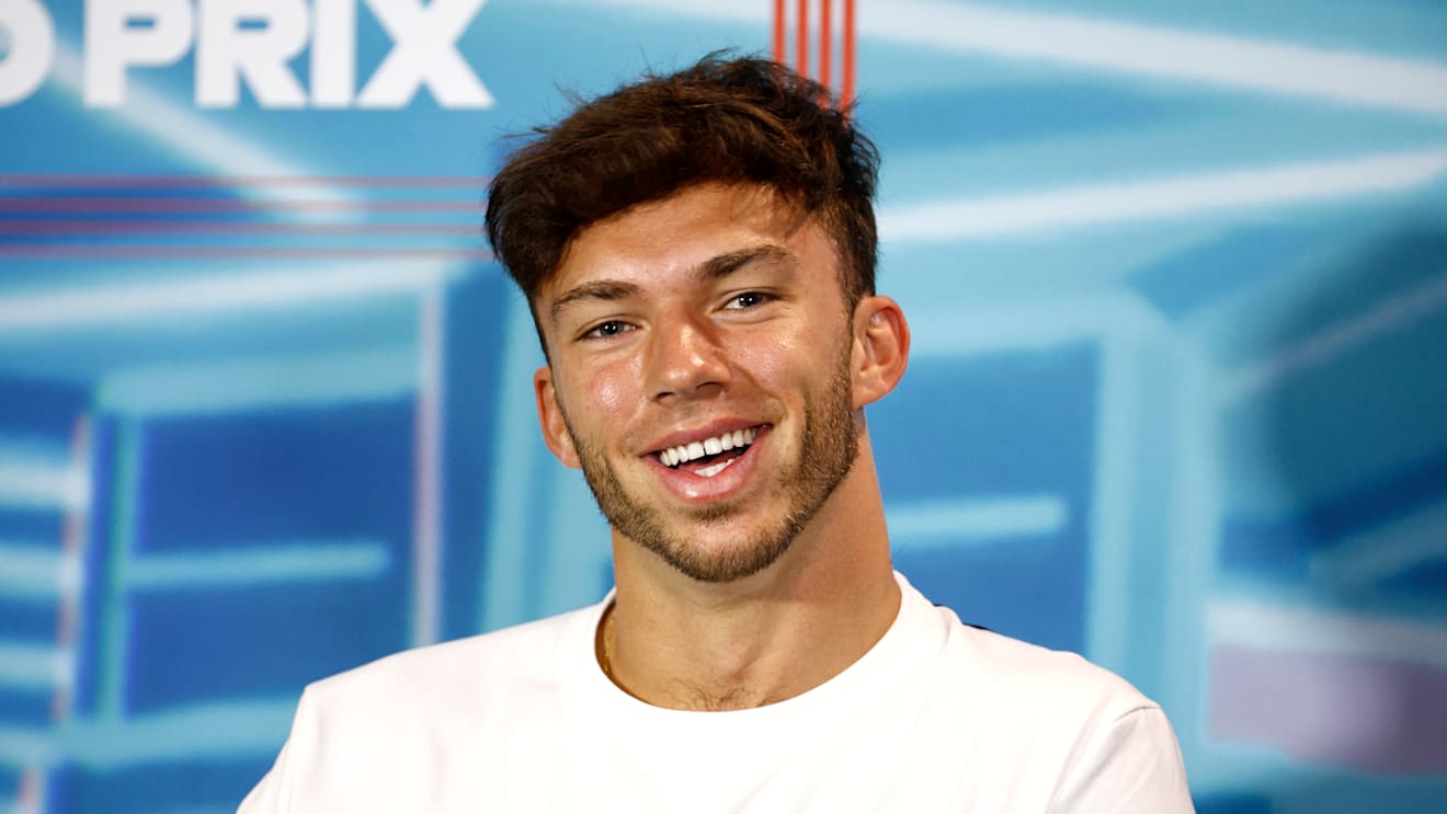 MIAMI, FLORIDA - MAY 06: Pierre Gasly of France and Scuderia AlphaTauri talks in the Drivers Press Conference prior to practice ahead of the F1 Grand Prix of Miami at the Miami International Autodrome on May 06, 2022 in Miami, Florida. (Photo by Jared C. Tilton/Getty Images)