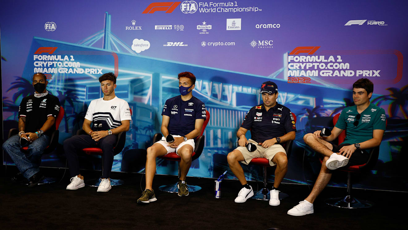 MIAMI, FLORIDA - MAY 06: (L-R) Lewis Hamilton of Great Britain and Mercedes, Pierre Gasly of France and Scuderia AlphaTauri, Alexander Albon of Thailand and Williams, Sergio Perez of Mexico and Oracle Red Bull Racing and Lance Stroll of Canada and Aston Martin F1 Team attend the Drivers Press Conference prior to practice ahead of the F1 Grand Prix of Miami at the Miami International Autodrome on May 06, 2022 in Miami, Florida. (Photo by Jared C. Tilton/Getty Images)