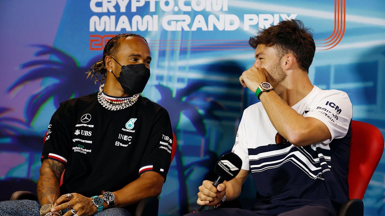 MIAMI, FLORIDA - MAY 06: Lewis Hamilton of Great Britain and Mercedes and Pierre Gasly of France and Scuderia AlphaTauri talk in the Drivers Press Conference prior to practice ahead of the F1 Grand Prix of Miami at the Miami International Autodrome on May 06, 2022 in Miami, Florida. (Photo by Jared C. Tilton/Getty Images)