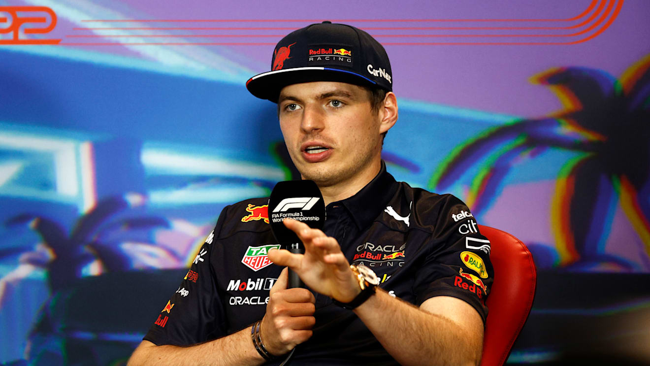 MIAMI, FLORIDA - MAY 06: Max Verstappen of the Netherlands and Oracle Red Bull Racing talks in the Drivers Press Conference prior to practice ahead of the F1 Grand Prix of Miami at the Miami International Autodrome on May 06, 2022 in Miami, Florida. (Photo by Jared C. Tilton/Getty Images)