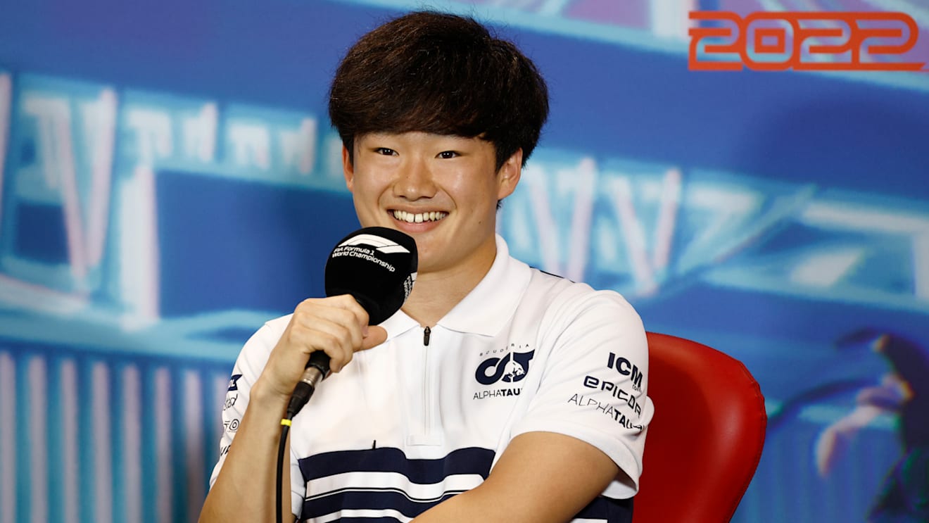 MIAMI, FLORIDA - MAY 06: Yuki Tsunoda of Japan and Scuderia AlphaTauri talks in the Drivers Press Conference prior to practice ahead of the F1 Grand Prix of Miami at the Miami International Autodrome on May 06, 2022 in Miami, Florida. (Photo by Jared C. Tilton/Getty Images)