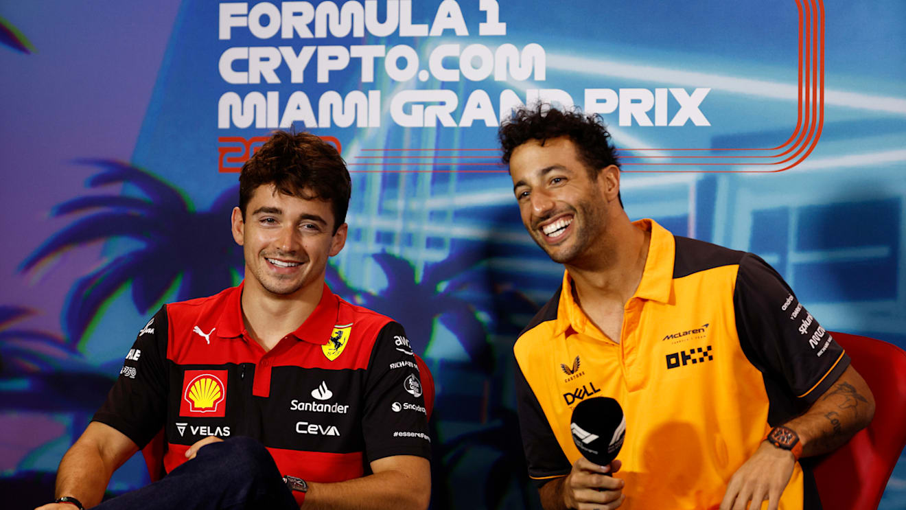 MIAMI, FLORIDA - MAY 06: Charles Leclerc of Monaco and Ferrari and Daniel Ricciardo of Australia and McLaren smile in the Drivers Press Conference prior to practice ahead of the F1 Grand Prix of Miami at the Miami International Autodrome on May 06, 2022 in Miami, Florida. (Photo by Jared C. Tilton/Getty Images)