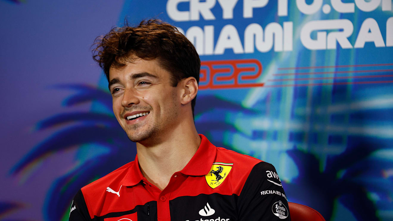 MIAMI, FLORIDA - MAY 06: Charles Leclerc of Monaco and Ferrari talks in the Drivers Press Conference prior to practice ahead of the F1 Grand Prix of Miami at the Miami International Autodrome on May 06, 2022 in Miami, Florida. (Photo by Jared C. Tilton/Getty Images)