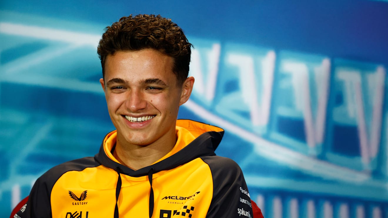 MIAMI, FLORIDA - MAY 06: Lando Norris of Great Britain and McLaren talks in the Drivers Press Conference prior to practice ahead of the F1 Grand Prix of Miami at the Miami International Autodrome on May 06, 2022 in Miami, Florida. (Photo by Jared C. Tilton/Getty Images)