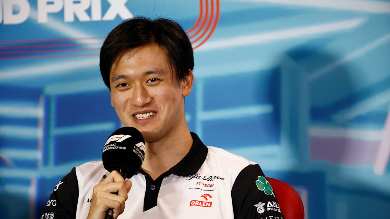 MIAMI, FLORIDA - MAY 06: Zhou Guanyu of China and Alfa Romeo F1 talks in the Drivers Press Conference prior to practice ahead of the F1 Grand Prix of Miami at the Miami International Autodrome on May 06, 2022 in Miami, Florida. (Photo by Jared C. Tilton/Getty Images)