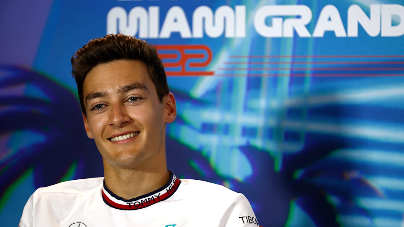 MIAMI, FLORIDA - MAY 06: George Russell of Great Britain and Mercedes talks in the Drivers Press Conference prior to practice ahead of the F1 Grand Prix of Miami at the Miami International Autodrome on May 06, 2022 in Miami, Florida. (Photo by Jared C. Tilton/Getty Images)