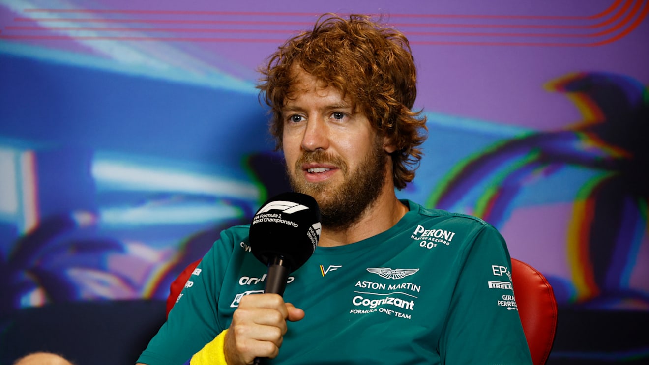 MIAMI, FLORIDA - MAY 06: Sebastian Vettel of Germany and Aston Martin F1 Team talks in the Drivers Press Conference prior to practice ahead of the F1 Grand Prix of Miami at the Miami International Autodrome on May 06, 2022 in Miami, Florida. (Photo by Jared C. Tilton/Getty Images)