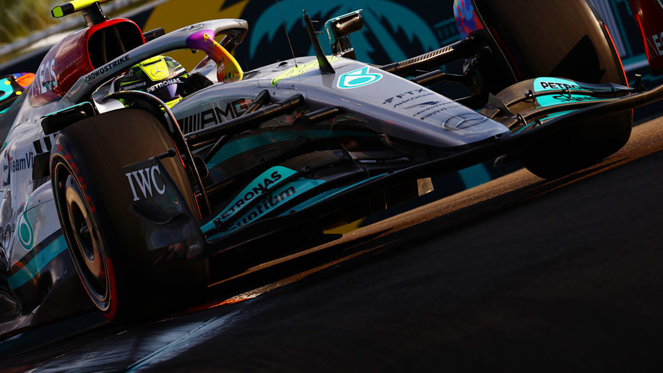 MIAMI, FLORIDA - MAY 06: Lewis Hamilton of Great Britain driving the (44) Mercedes AMG Petronas F1 Team W13 on track during practice ahead of the F1 Grand Prix of Miami at the Miami International Autodrome on May 06, 2022 in Miami, Florida. (Photo by Mark Thompson/Getty Images)