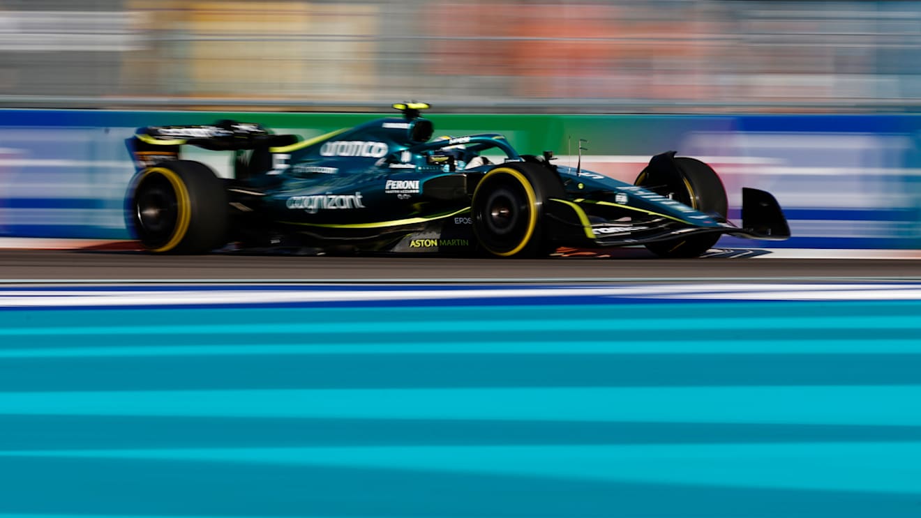 MIAMI, FLORIDA - MAY 06: Sebastian Vettel of Germany driving the (5) Aston Martin AMR22 Mercedes on track during practice ahead of the F1 Grand Prix of Miami at the Miami International Autodrome on May 06, 2022 in Miami, Florida. (Photo by Jared C. Tilton/Getty Images)