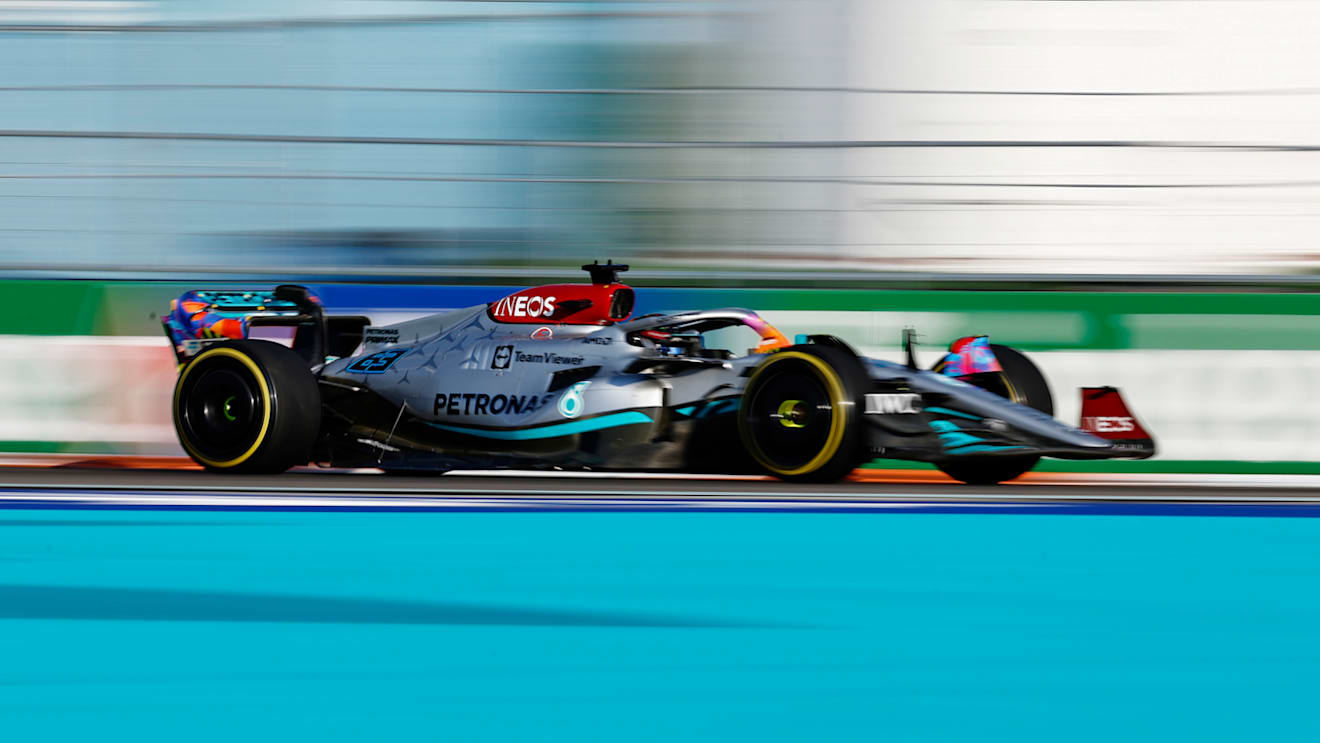 MIAMI, FLORIDA - MAY 06: George Russell of Great Britain driving the (63) Mercedes AMG Petronas F1 Team W13 on track during practice ahead of the F1 Grand Prix of Miami at the Miami International Autodrome on May 06, 2022 in Miami, Florida. (Photo by Jared C. Tilton/Getty Images)