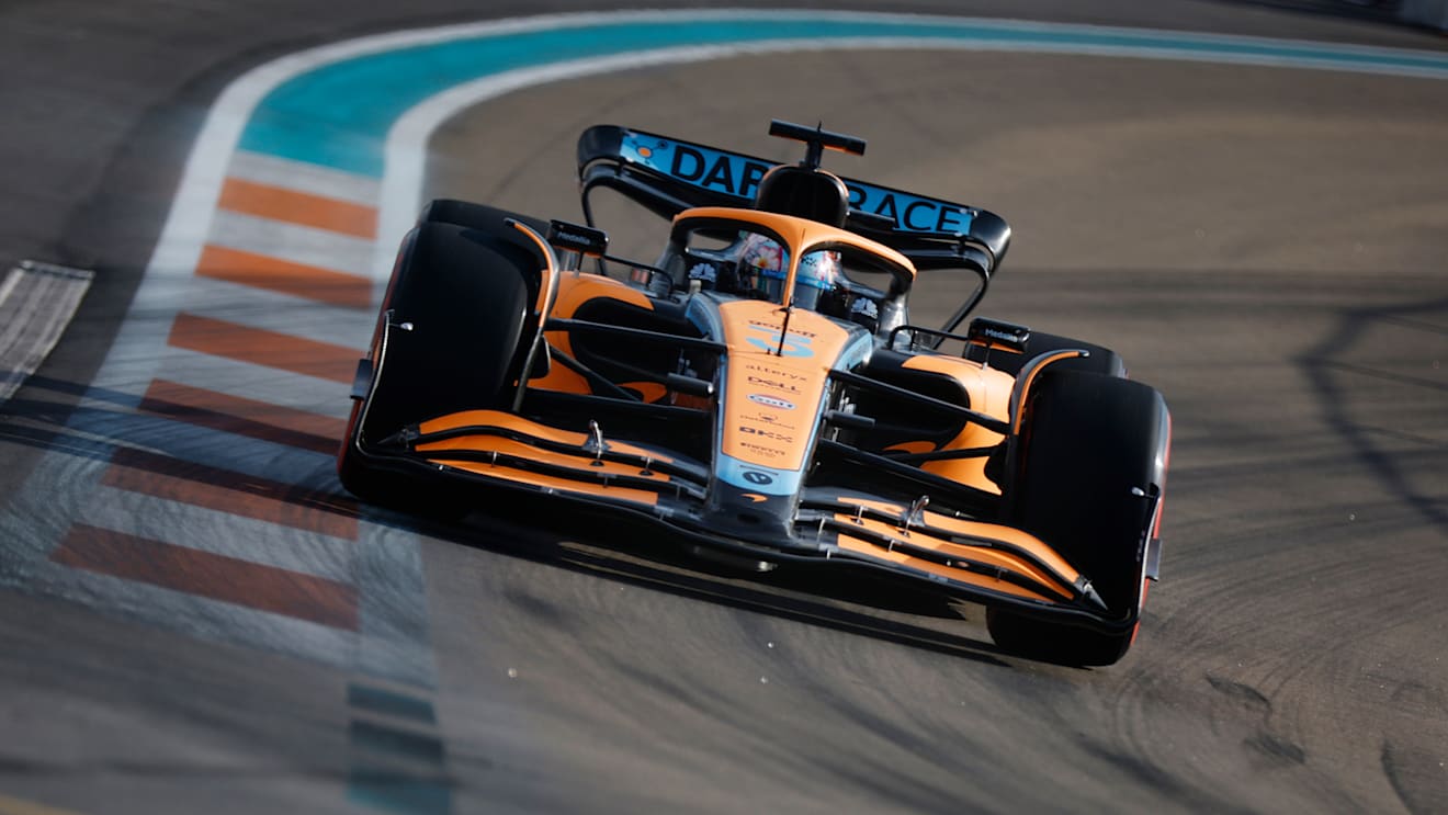 MIAMI, FLORIDA - MAY 06: Daniel Ricciardo of Australia driving the (3) McLaren MCL36 Mercedes on track during practice ahead of the F1 Grand Prix of Miami at the Miami International Autodrome on May 06, 2022 in Miami, Florida. (Photo by Chris Graythen/Getty Images)