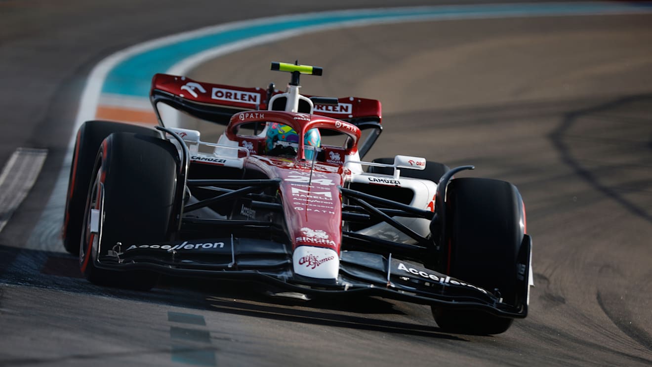 MIAMI, FLORIDA - MAY 06: Zhou Guanyu of China driving the (24) Alfa Romeo F1 C42 Ferrari on track during practice ahead of the F1 Grand Prix of Miami at the Miami International Autodrome on May 06, 2022 in Miami, Florida. (Photo by Chris Graythen/Getty Images)