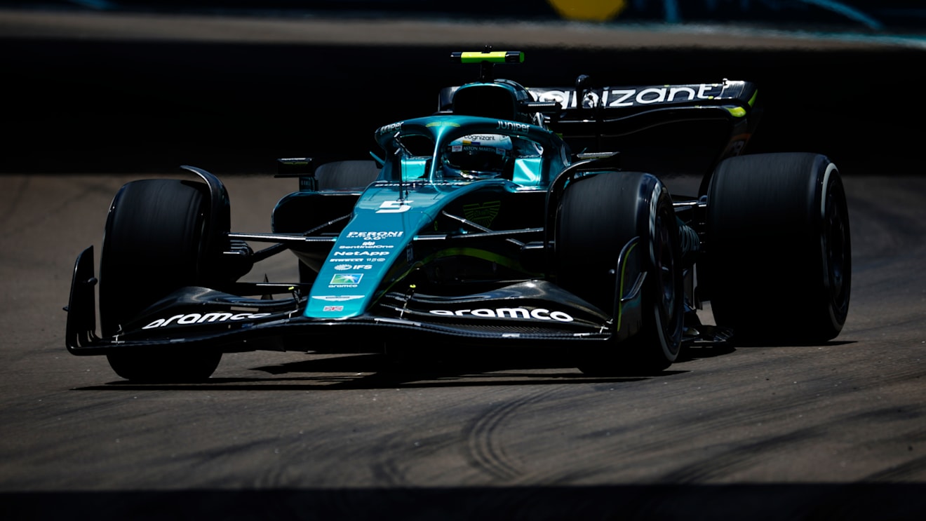 MIAMI, FLORIDA - MAY 07: Sebastian Vettel of Germany driving the (5) Aston Martin AMR22 Mercedes on track during final practice ahead of the F1 Grand Prix of Miami at the Miami International Autodrome on May 07, 2022 in Miami, Florida. (Photo by Jared C. Tilton/Getty Images)