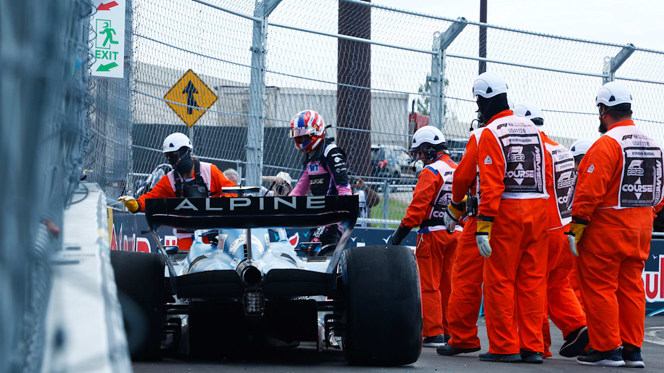 MIAMI, FLORIDA - MAY 07: Esteban Ocon of France and Alpine F1 walks from his car after a crash during final practice ahead of the F1 Grand Prix of Miami at the Miami International Autodrome on May 07, 2022 in Miami, Florida. (Photo by Jared C. Tilton/Getty Images)
