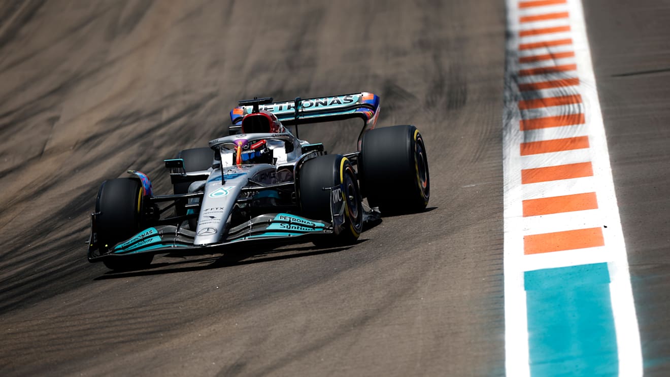MIAMI, FLORIDA - MAY 07: George Russell of Great Britain driving the (63) Mercedes AMG Petronas F1 Team W13 on track during final practice ahead of the F1 Grand Prix of Miami at the Miami International Autodrome on May 07, 2022 in Miami, Florida. (Photo by Chris Graythen/Getty Images)
