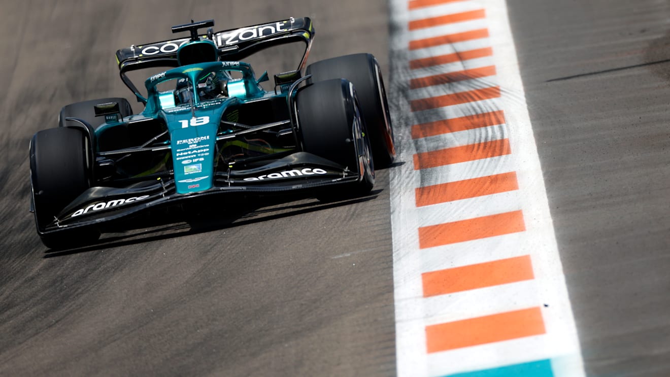 MIAMI, FLORIDA - MAY 07: Lance Stroll of Canada driving the (18) Aston Martin AMR22 Mercedes on track during final practice ahead of the F1 Grand Prix of Miami at the Miami International Autodrome on May 07, 2022 in Miami, Florida. (Photo by Chris Graythen/Getty Images)