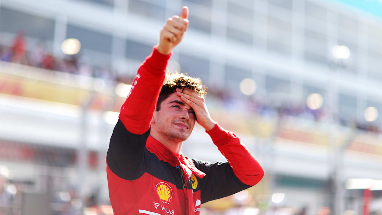 MIAMI, FLORIDA - MAY 07: Pole position qualifier Charles Leclerc of Monaco and Ferrari celebrates in parc ferme during qualifying ahead of the F1 Grand Prix of Miami at the Miami International Autodrome on May 07, 2022 in Miami, Florida. (Photo by Dan Istitene - Formula 1/Formula 1 via Getty Images)