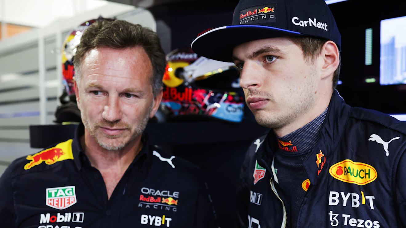 MIAMI, FLORIDA - MAY 07: Max Verstappen of the Netherlands and Oracle Red Bull Racing talks with Red Bull Racing Team Principal Christian Horner in the garage during qualifying ahead of the F1 Grand Prix of Miami at the Miami International Autodrome on May 07, 2022 in Miami, Florida. (Photo by Mark Thompson/Getty Images)