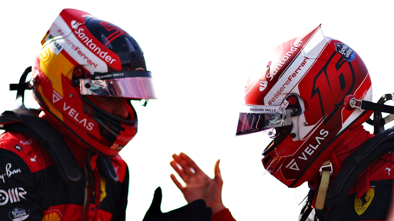 MIAMI, FLORIDA - MAY 07: Pole position qualifier Charles Leclerc of Monaco and Ferrari and Second placed qualifier Carlos Sainz of Spain and Ferrari celebrate in parc ferme during qualifying ahead of the F1 Grand Prix of Miami at the Miami International Autodrome on May 07, 2022 in Miami, Florida. (Photo by Dan Istitene - Formula 1/Formula 1 via Getty Images)
