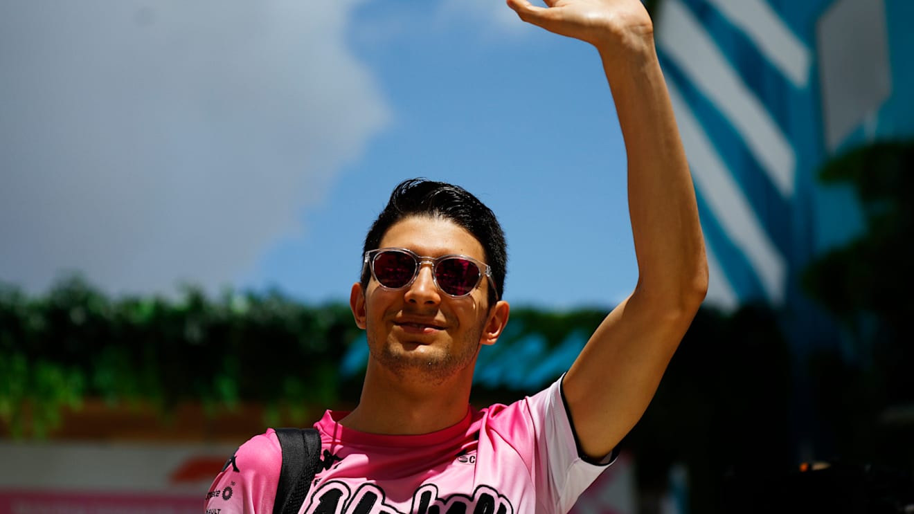 MIAMI, FLORIDA - MAY 08: Esteban Ocon of France and Alpine F1 waves to the crowd from the paddock prior to the F1 Grand Prix of Miami at the Miami International Autodrome on May 08, 2022 in Miami, Florida. (Photo by Jared C. Tilton/Getty Images)